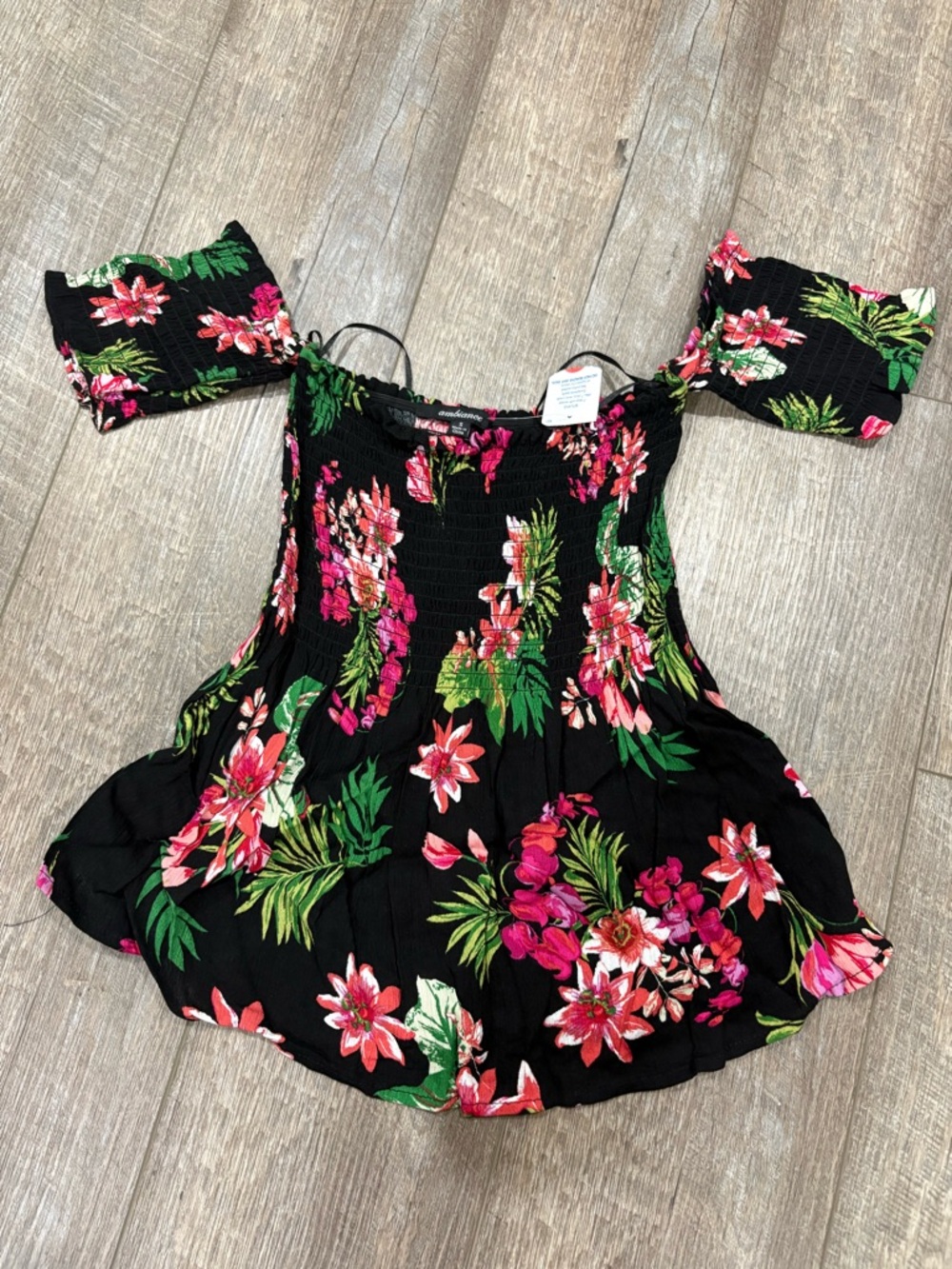Ambiance Black Off-Shoulder Floral Camisole with Pink & Green Print
